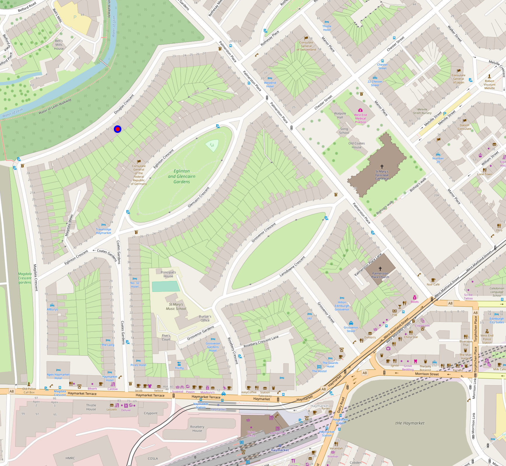 openstreetmap.org map around 11 Douglas Crescent, Edinburgh, UK